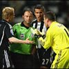 Newcastle 2 v 2 Man City&nbsp;:&nbsp;Newcastle players protest against the decision but Rob Styles is not interested