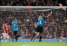 Arsenal 0 v 2 Aston Villa&nbsp;:&nbsp;Villa take the lead after frustrating Arsenal for most of the game, Young's cross nodded in either by Gael Clichy or Gaby Abonglahor