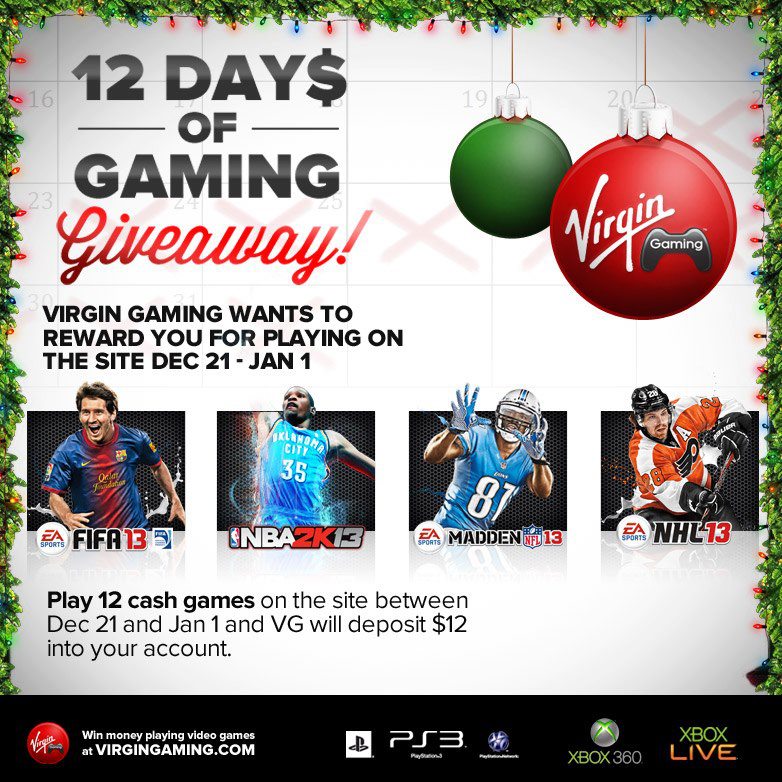 Play 12 cash games on Virgin Gaming before 1st January, and they'll give you $12.
