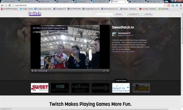 We were absolutely stunned and delighted that during the FIFA 13 2v2 £200 Casual Cup at insomnia47 we were featured on the homepage of Twitch.TV as a recommended channel!