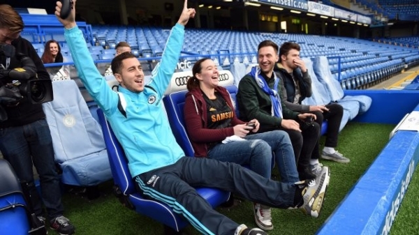 Eden Hazard surprised three Chelsea fans when he turned up for a game of FIFA 15 at Stamford Bridge